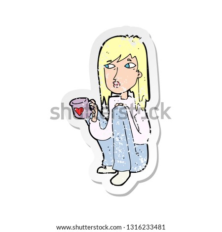 retro distressed sticker of a cartoon woman sitting with cup of coffee