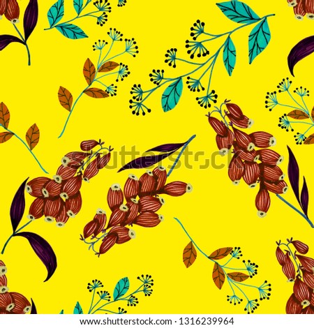 Seamless pattern with hand drawn flowers and berries