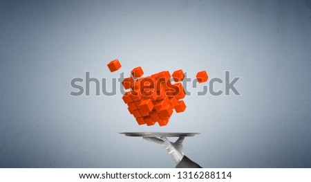 Cropped image of waiter's hand in white glove presenting multiple cubes on metal tray with blue background. 3D rendering.