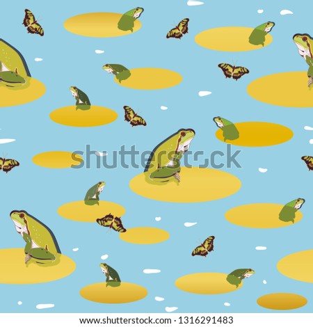 Blue vector repeat pattern with pond, golden leaf, green frog and butterfly. Naturalistic style.