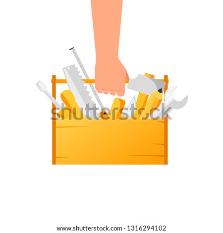 Hand holding toolbox with tools. Clipart image isolated on white background