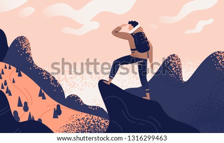 Man with backpack, traveller or explorer standing on top of mountain or cliff and looking on valley. Concept of discovery, exploration, hiking, adventure tourism and travel. Flat vector illustration. Royalty-Free Stock Photo #1316299463