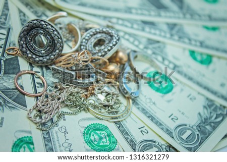 Jewelry and money, banknote dollar. concept of pawnshop.