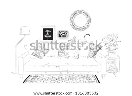 Living room interior with sofa, table, mirror, plant and lamp. Vector sketch ollustration
