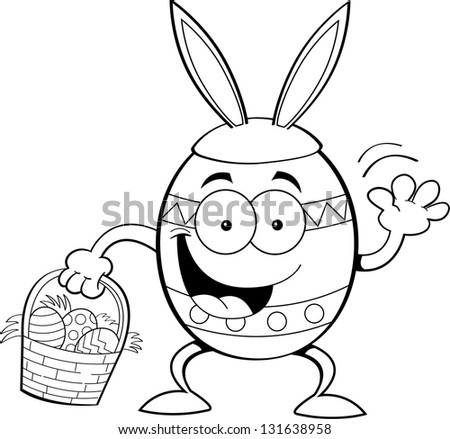 Black and white illustration of an Easter egg wearing rabbit ears and holding a Easter basket.