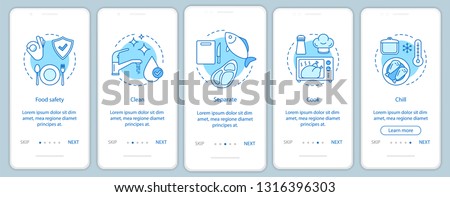 Food safety, hygiene onboarding mobile app page screen template. Food processing, handling, storage. Clean, separate, cook, chill. Walkthrough website steps. UX, UI, GUI smartphone interface concept Royalty-Free Stock Photo #1316396303