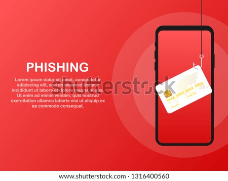 Data Phishing, credit or debit card on fishing hook, internet security. Vector stock illustration.