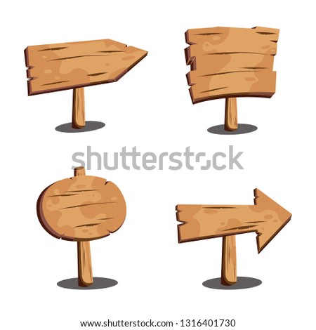 Set of wood signs. Wooden boards, signposts, plates, arrows. Brown planks. Blank wood signboards and banners. 