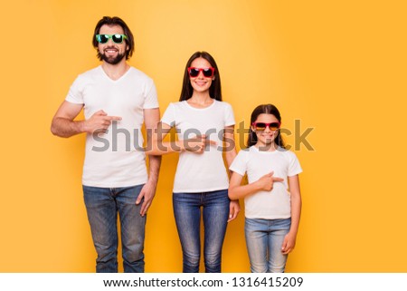 Portrait of nice-looking attractive charming trendy cheerful people wearing colorful modern eyewear hierarchy order pointing aside isolated over shine vivid pastel yellow background