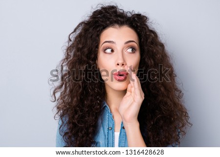 Close-up portrait of her she nice-looking cute fascinating lovely winsome lovable charming attractive girlish cheerful wavy-haired girl saying secret isolated over gray pastel background