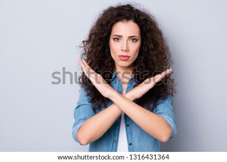 Close up photo amazing beautiful her she lady arms crossed not allow killing animals for making cosmetics wearing casual jeans denim shirt clothes outfit isolated grey background
