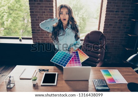 Close up photo beautiful she her business lady hold head pallet different colors walls need pick one lost herself eyes full fear boss should like stand office comfort chair wearing formal wear suit