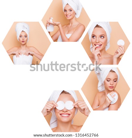 Collage composition of five hexagonal nice attractive lovely girl making different effective useful professional domestic conditioner isolated over beige background