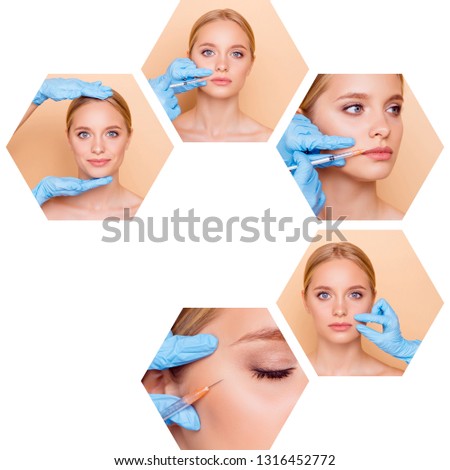 Collage close-up composition of five hexagonal attractive blonde cheerful girl making effective useful professional medical procedures uplift surgery isolated over beige background