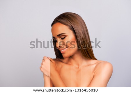 Cose up cropped photo of gorgeous brown haired charming she her lady touching gently her ideal skin pampering pimple wrinkle clear clean oily dry skin isolated grey background