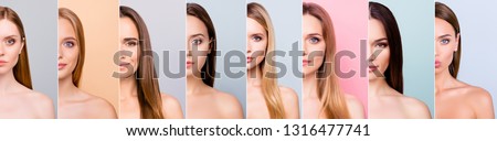 Beauty and health concept she her beautiful pretty eight ladies half face healthy skin hair looking straight in the camera difference concept isolated grey pink pastel blue backgrounds