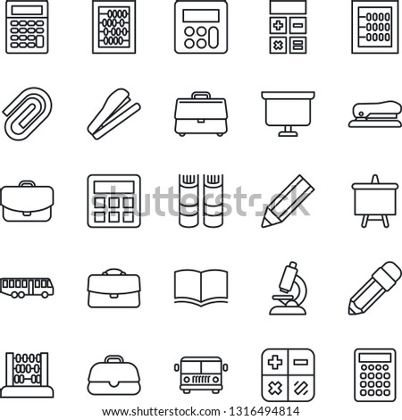 Thin Line Icon Set - airport bus vector, book, calculator, abacus, presentation board, microscope, case, paper clip, pencil, stapler