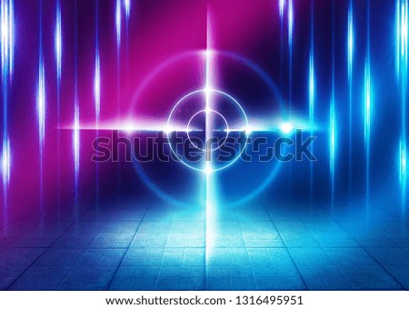 Futuristic abstract background. Empty room background, concrete. Neon blue pink light smoke. Laser lines, laser target in the center of the room.