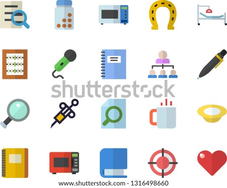 Color flat icon set microwave flat vector, dish, tea, horseshoe, syringe, hospital bed, abacus, magnifier, target, hierarchy, book, pen, notebook, vitamins, microphone, heart