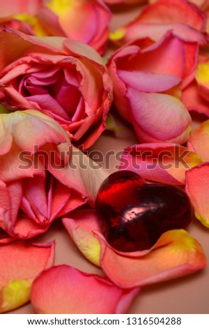 Petals of roses and a litte red glass heart