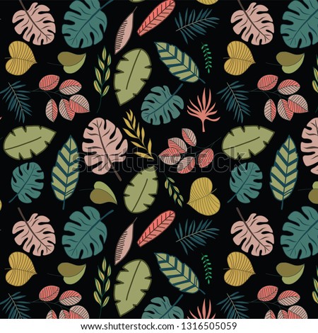 Vector background with tropic leaves. Seamless floral pattern. Summer vector illustration. Flat jungle print