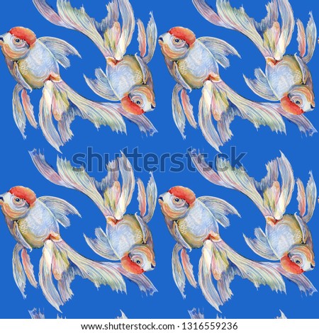 Seamless pattern with colorful gold fish. Isolated elements on a blue background hand painted in watercolor.