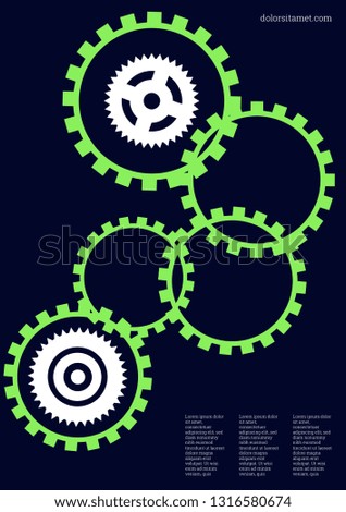 Industrial engineering background. Wheels and cogs colorful gear flyer. Vector minimal flat page. Graphic template. Neon green on black background. Industrial engineering background design.