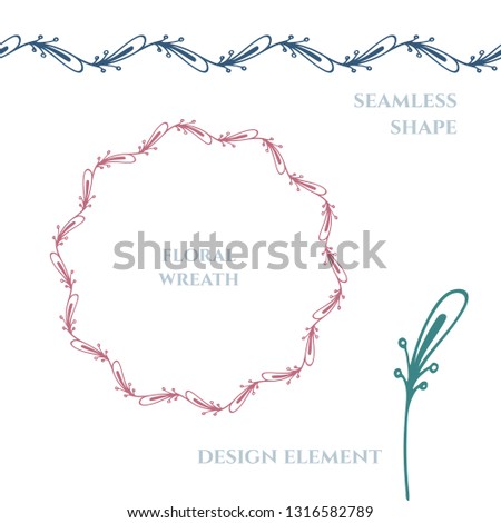 Hand drawn flower wreath, design element and seamless shape pattern set.
One style design elements collection.