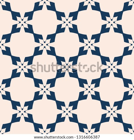 Vector geometric seamless pattern. Abstract deep blue and beige texture with flower shapes, crosses, stars, grid, net, lattice. Luxury ornamental background. Elegant repeat design for decor, carpet