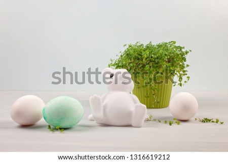 Easter composition with bunnies and eggs. Easter celebration, spring concept