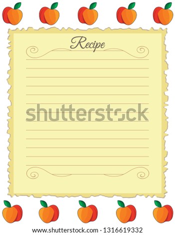 Paper for recipes. Form for recipes. Notebook paper with red apple ornament. Vintage paper