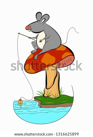 mouse catching fish. mouse illustration .mause on mushroom , vector illustration