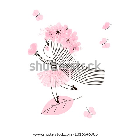 Cute little fairy girl with long hair standing on tree leaf and playing with butterfly. Vector doodle illustration in pink colour for girlish designs like textile apparel print, wall art, poster