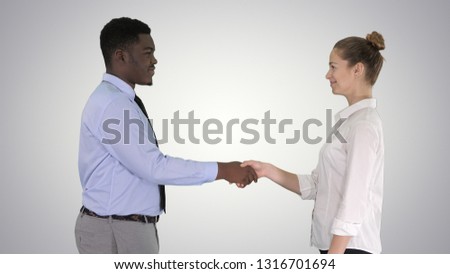Professional business people handshaking on gradient background.