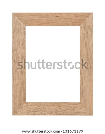Empty rectangular wooden photo frame with woodgrain texture and blank white copyspace. Isolated on white.