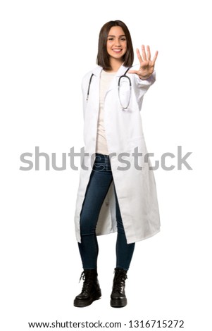 A full-length shot of a Young doctor woman counting five with fingers over isolated white background