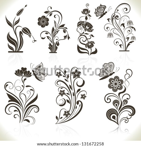 Floral flower vector design elements isolated on aged color background. Set 22.