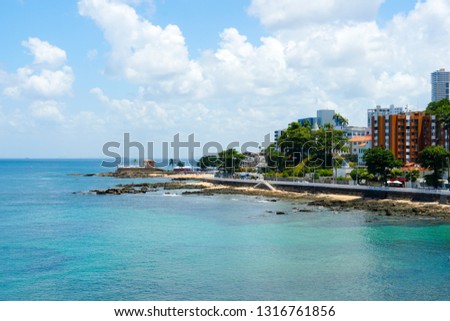 Coastline city of Salvador Bahia, Brazil. Boardwalk coast next the Barra lighthouse and Santa Maria Fort. 02/10/2019