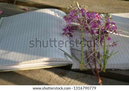 An open notebook with a blank sheet with purple summer wildflowers. summer morning, diary, inspiration. and pink flowers on wooden table top view in flat lay style. Woman working desk.