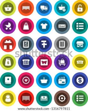 White Solid Icon Set- gift vector, dollar coin, cash, money bag, sale, closed, shopping, store, support, target, barcode, receipt, basket, list, trolley, delivery, mail, catalog, unlock, signpost