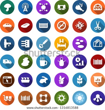 Color back flat icon set - spike vector, rabbit, mushroom, antenna, hot cup, no smoking, bed, sun, scissors, mirror, spa, bitcoin chip, blockchain, cube, presentation graph, seedling, glove, barcode