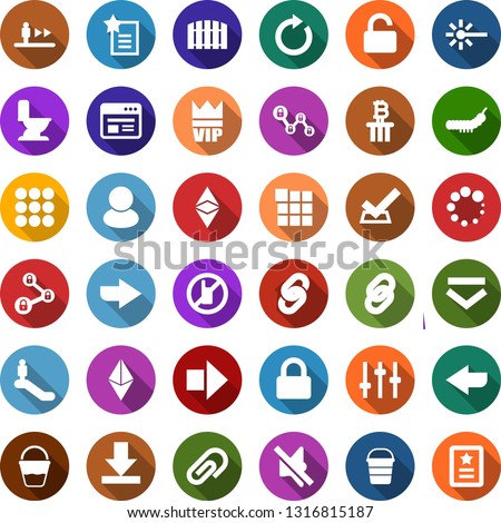 Color back flat icon set - bucket vector, escalator, no mobile, vip, right arrow, etherium, chain, lock, bitcoin column, toilet, fence, caterpillar, laser, menu, loading, unlock, browser globe, open