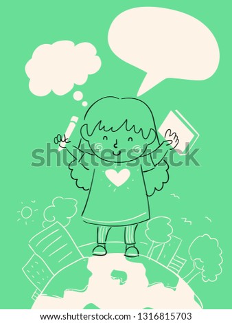Illustration of a Kid Girl Doodle Holding a Pencil and a Book with Speech and Thinking Cloud and Standing on a Globe
