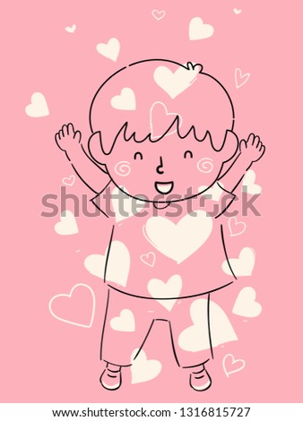 Illustration of a Kid Boy Doodle with Heart Shapes. Child Raising, Showering Love Concept