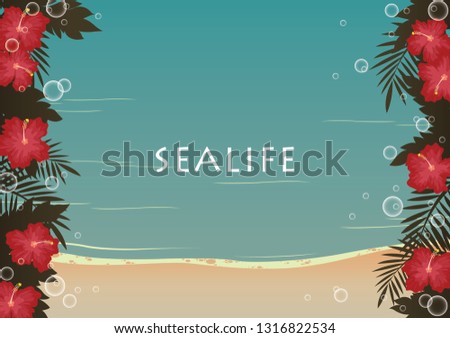 Red Hibiscus flower and tropical leaves with bubble and sand beach vector background in retro style for decoration on summer holiday.