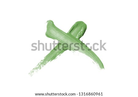 Bright liquid lipstick smear in the form of a check mark isolated on a white background. Cosmetic product stroke. Yes sign for checkbox. Dark green color