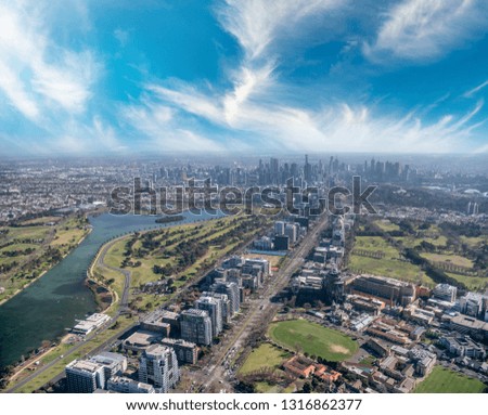Aerial view of Melbourne skyline from helicopter on a beautiful sunny day, Australia.