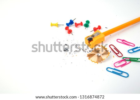work space Yellow pencil,Sharpener,pins and clip Set for Office and Education at School concept isolate on white background