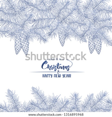 Fir branches. Template for greeting card for merry christmas and New Year,  invitation or gift voucher. Isolated on white background. Graphic drawing, engraving style. vector illustration.
