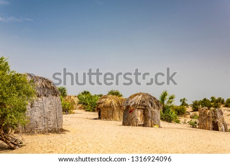 Village of traditional round bomas of the semi-nomadic Turkana people, on shores of Lake Turkana, Kenya. The small dwellings are constructed from doum palm fronds, animal skins and timber. Copy space. Royalty-Free Stock Photo #1316924096